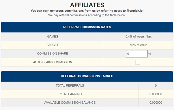 The Affiliate Referral Program on Tronpick is Generous with Detailed Stats